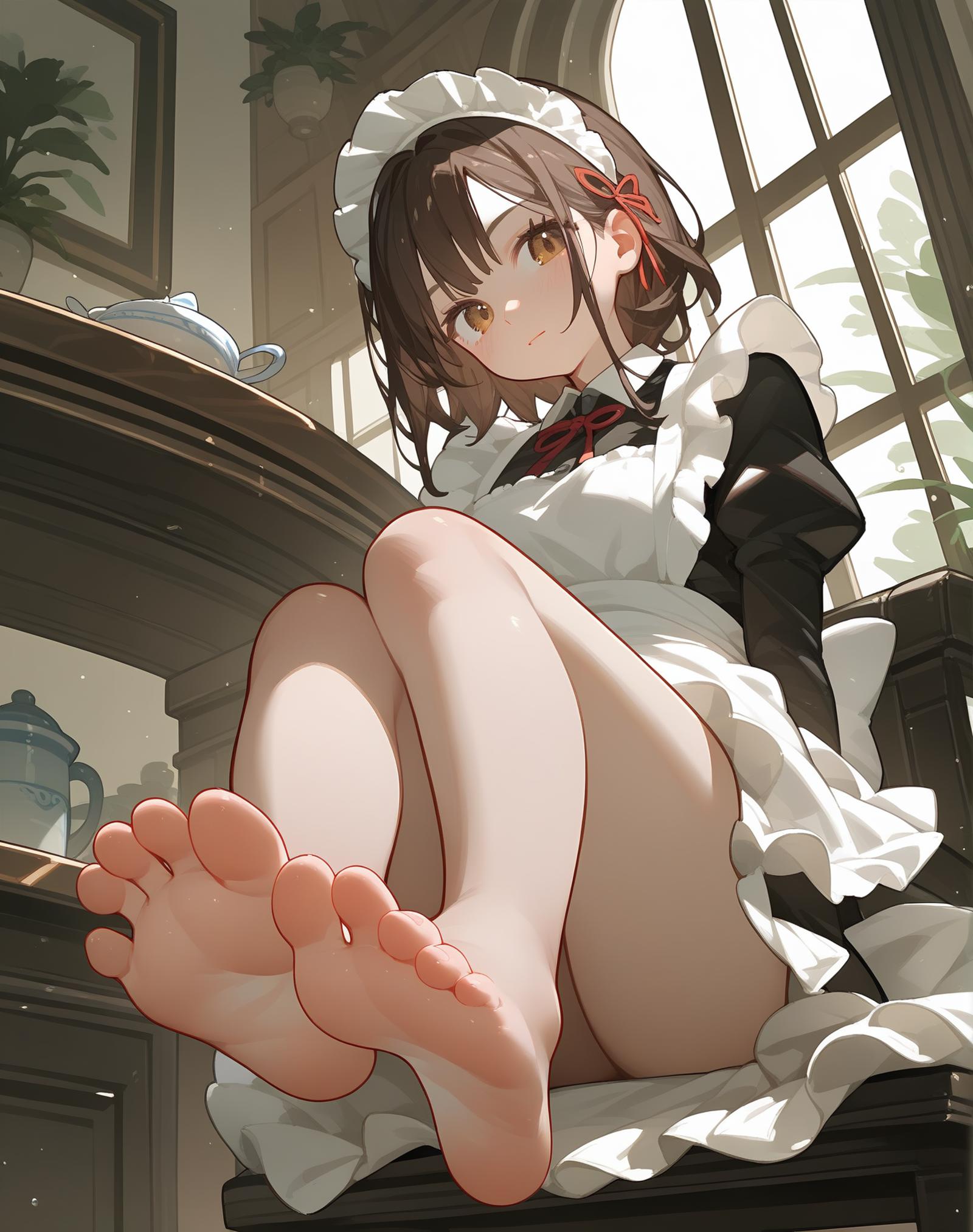 (score_9,score_8_up,score_7_up,),1girl,solo,maid,maid headdress,looking at viewer,apron,brown hair,indoors,black hair,bare...